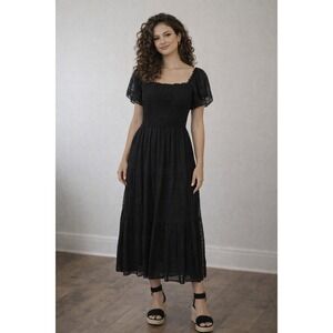 Max Studio Black Square Neck Smocked Tiered Midi Dress Women's Size M